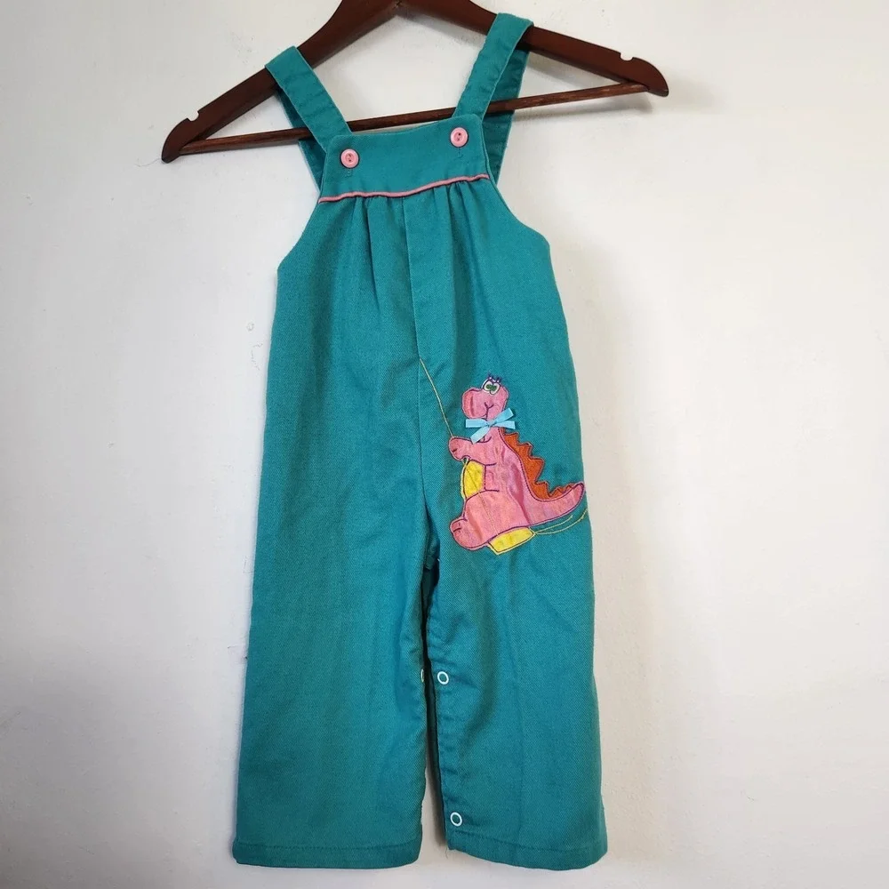 Vintage 80s Krazy Kritters Overalls Girls Size 2 Dinosaur Applique Teal Pink USA